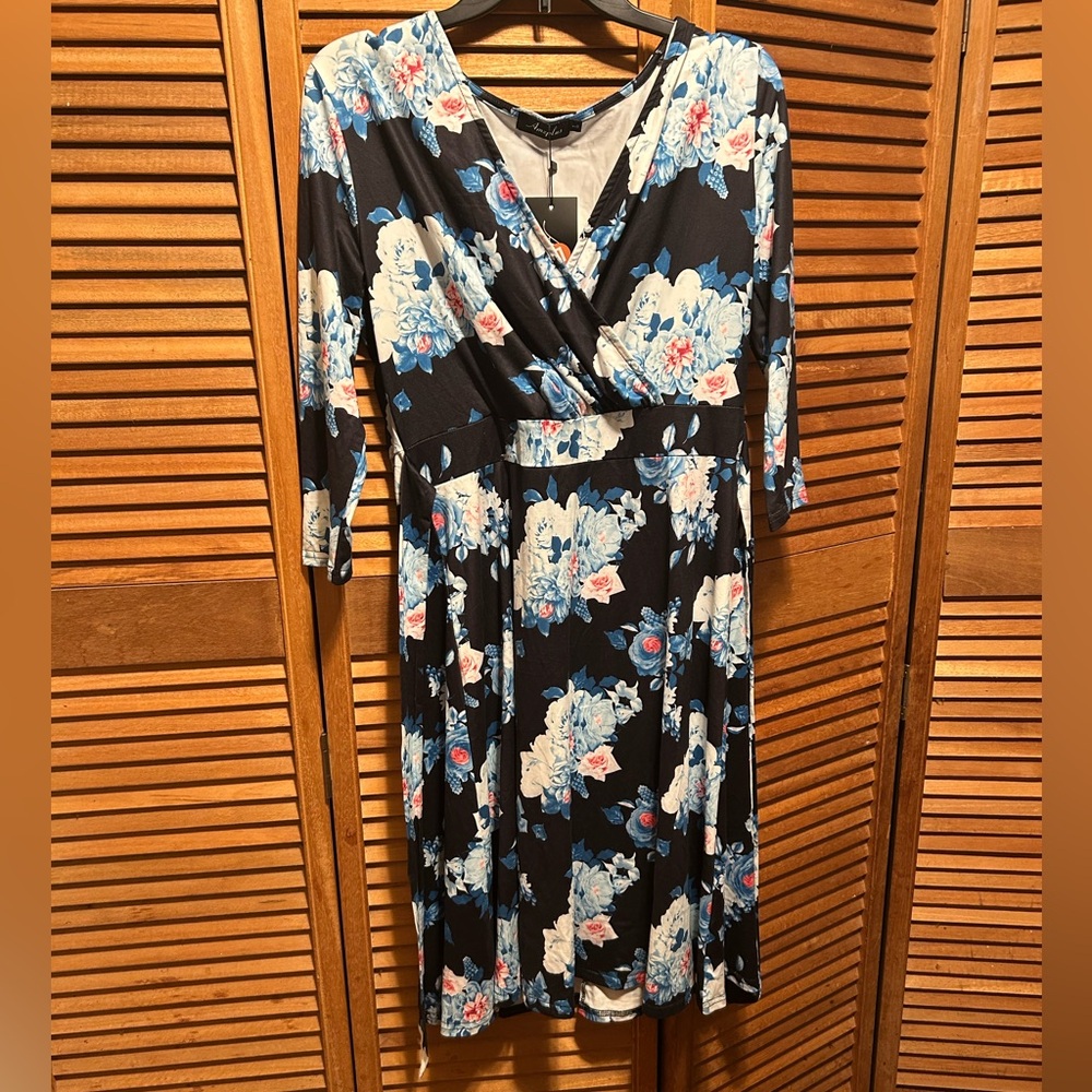 Amzplus Navy Blue Floral Faux Wrap Dress